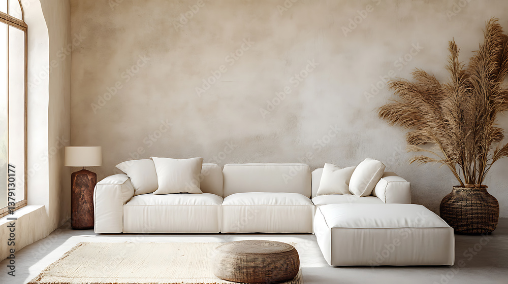 Fototapeta premium Minimalist, boho interior design of modern living room, home