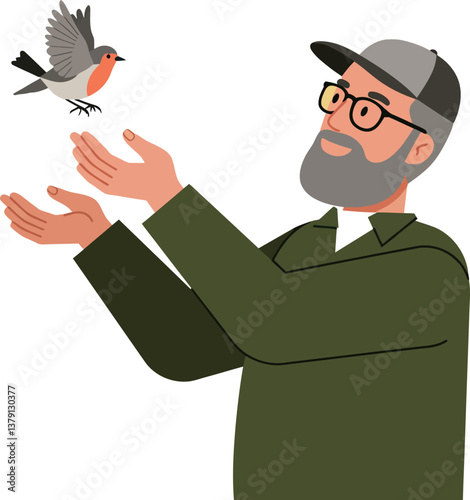 A man joyfully releasing a bird from his hands in a flat vector illustration