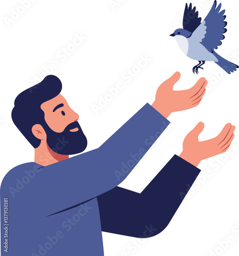 A man releasing a bird into the sky in a flat vector illustration of freedom and connection