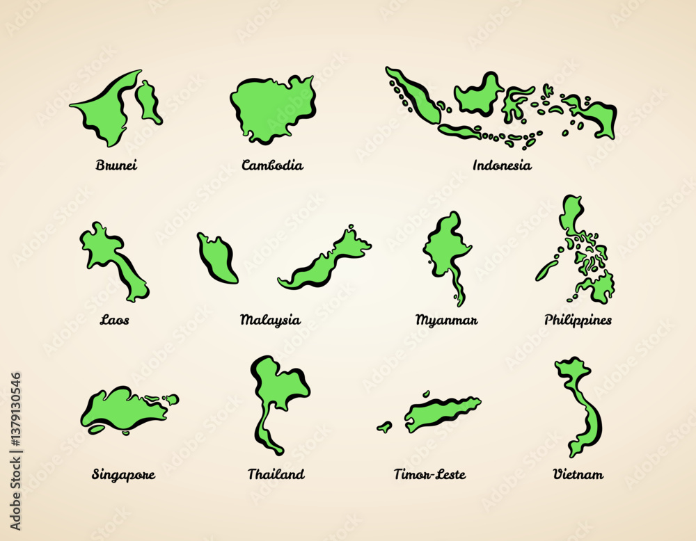 Φωτογραφία Simplified outline maps of Brunei, Cambodia, Indonesia, Laos, Malaysia, Myanmar,