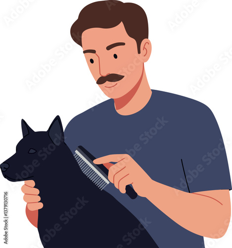 A man grooming a black dog in a flat vector illustration showcasing care and companionship