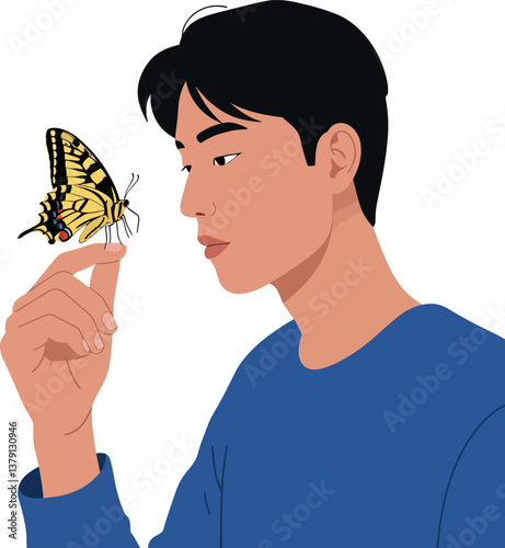 A young man with dark hair gently interacting with a butterfly in a minimal vector illustration
