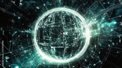 Futuristic digital sphere surrounded by an intricate network of luminous lines and circuits