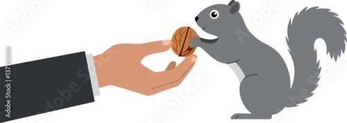 A hand offering a nut to a curious grey squirrel in flat vector art