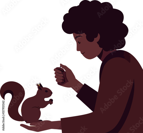 A person feeding a friendly squirrel with an outstretched hand in flat vector art