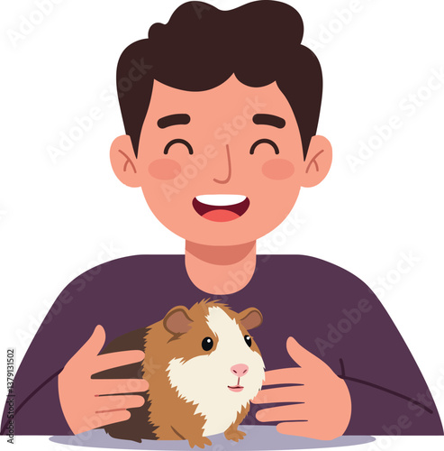 Happy boy with a guinea pig in flat vector art style showcasing joy and companionship