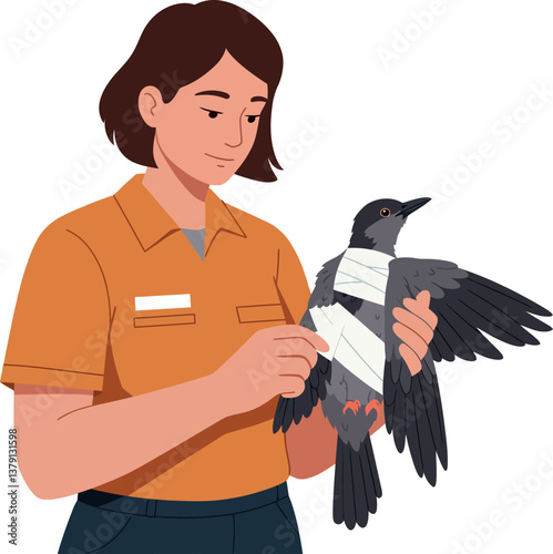 A woman in an orange shirt gently tending to a bandaged bird in a flat vector illustration