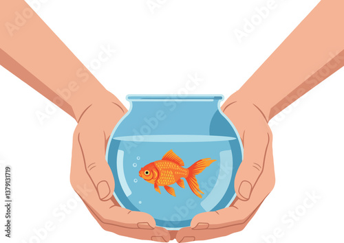 Hands gently holding a fishbowl with a goldfish in a minimal vector illustration