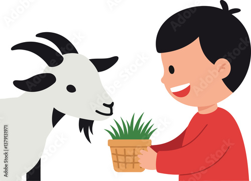 A cheerful child feeding a friendly goat with grass in a minimal vector illustration