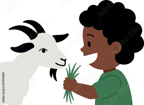 A joyful child feeding a friendly goat in a flat and colorful vector illustration