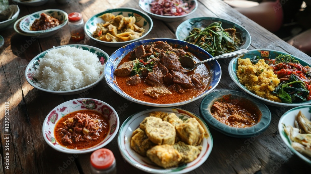 Enjoying Authentic Indonesian Food Spread Featuring Rendang and Various Side Dishes Enjoying Authentic Indonesian Food Spread Featuring Rendang and Various Side Dishes