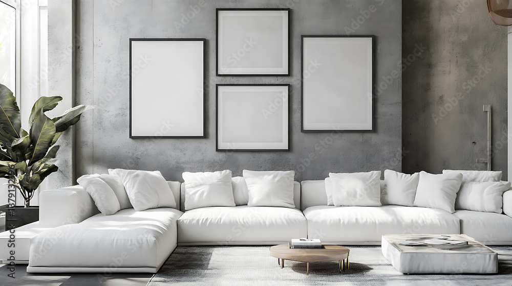 Fototapeta premium White sofa and posters, frames on gray wall, interior design of modern living room
