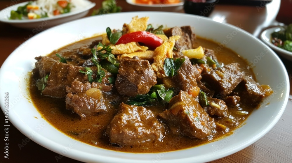 Delicious Beef Rendang Dish Garnished with Chilli Served on White Plate Delicious Beef Rendang Dish Garnished with Chilli Served on White Plate