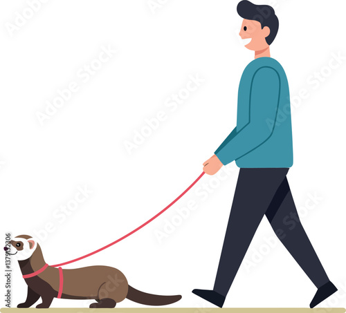 A man walking a playful ferret on a leash in a flat vector illustration