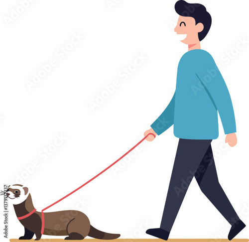 A man walking a playful ferret on a leash in a minimal flat design vector illustration