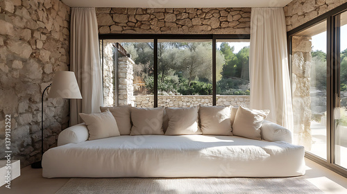 White sofa with beige pillows and floor lamp against window near stone cladding wall  mediterranean home interior design of modern living room