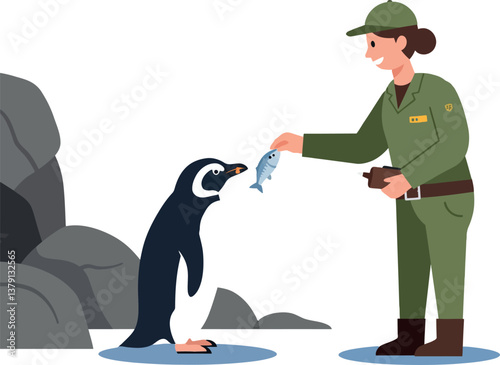 A zookeeper feeding a penguin with a fish in a flat vector illustration