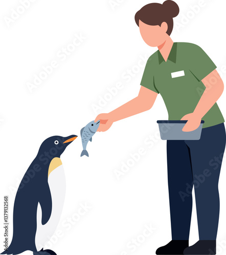 Person feeding a penguin fish in a flat, minimal style vector illustration