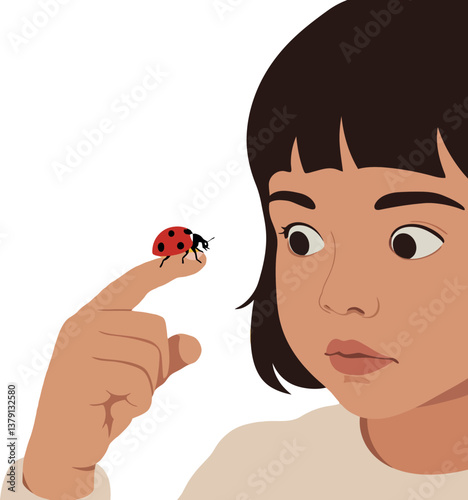 A young girl with short black hair observing a ladybug on her finger in flat vector illustration