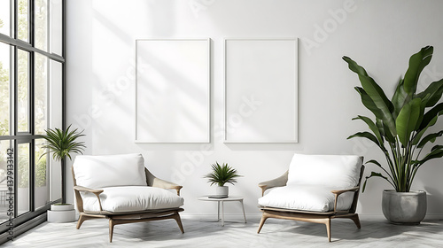 Bright living room interior with two empty white posters
