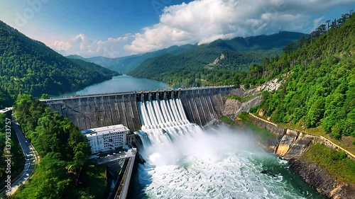Aerial view of hydro plant station on fjord