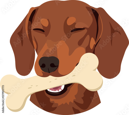 Happy dog with a bone in its mouth in a flat vector illustration