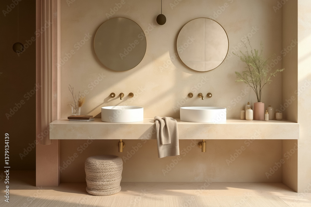 Fototapeta premium double round sinks in a minimalist bathroom with neutral scheme and soft natural light