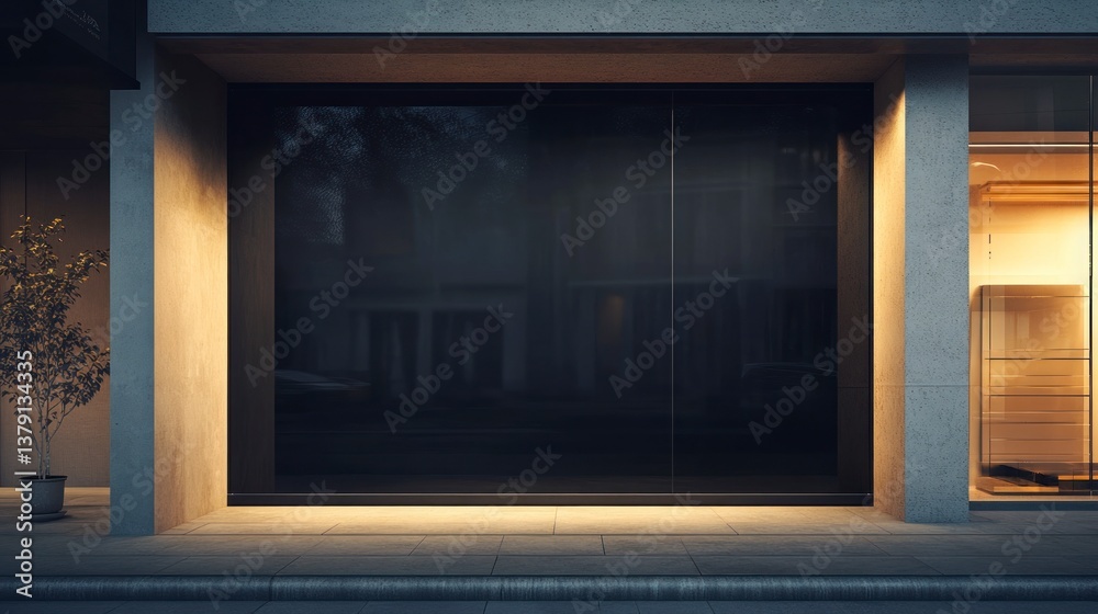 Storefront Window Display at Night Reflecting Street with Potted Tree Storefront Window Display at Night Reflecting Street with Potted Tree
