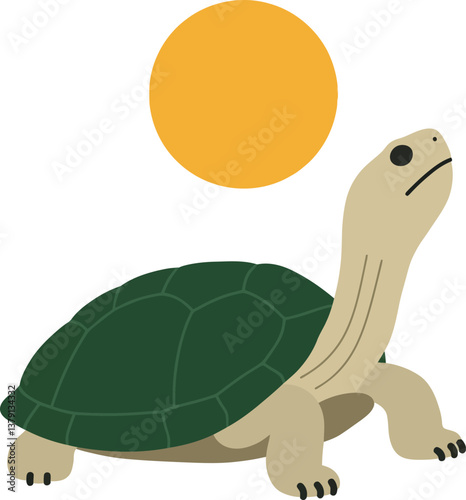 Green turtle basking under a bright sun in a minimal vector illustration