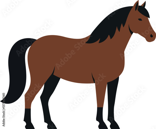 Brown horse standing gracefully in a flat, minimalist style vector art