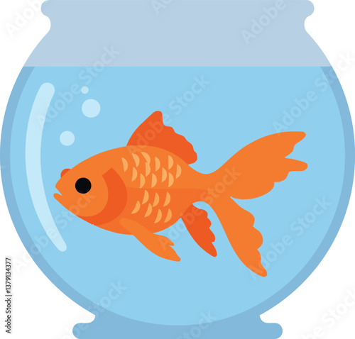 A vibrant orange goldfish swimming gracefully in a clear bowl featuring flat vector art