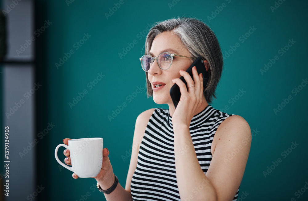 Phone call, coffee and mature woman in office, glasses and information for business, journalist and listen. Confident, reporter and person with mobile, professional and happy with news and determined Phone call, coffee and mature woman in office, glasses and information for business, journalist and listen. Confident, reporter and person with mobile, professional and happy with news and determined