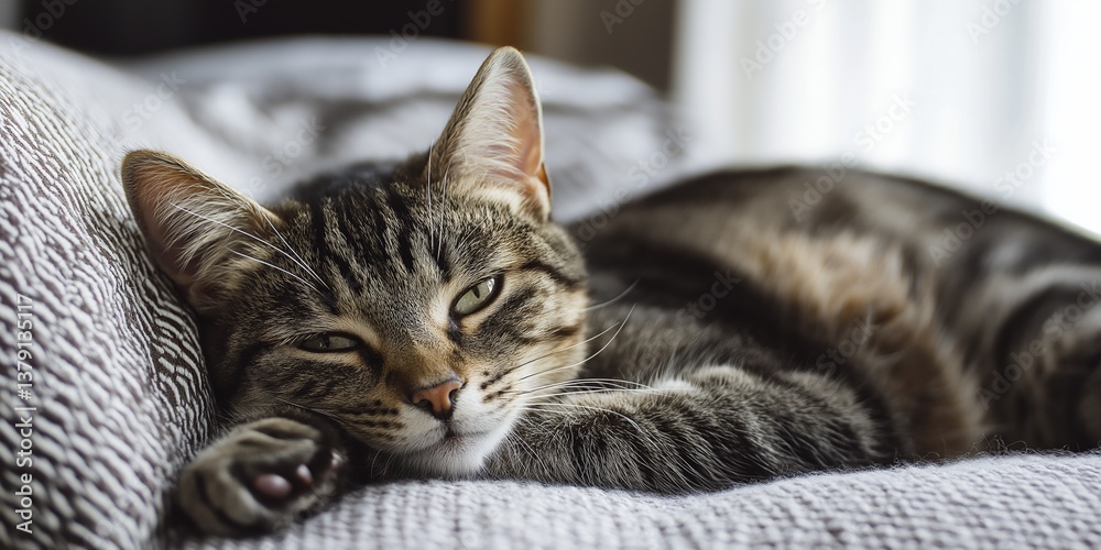 A contented cat rests comfortably on a soft couch, embodying relaxation and feline charm. A contented cat rests comfortably on a soft couch, embodying relaxation and feline charm.