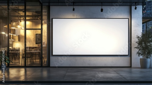 Blank Billboard on Building Exterior Next to Restaurant at Night