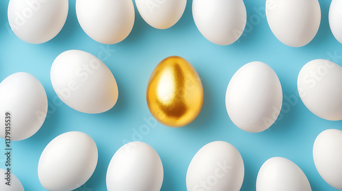 One golden egg among white eggs on blue background