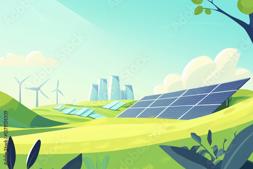 Solar panels and wind turbines on green fields.