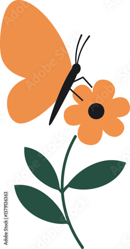 Orange butterfly perched on a vibrant flower with green leaves in a flat vector illustration