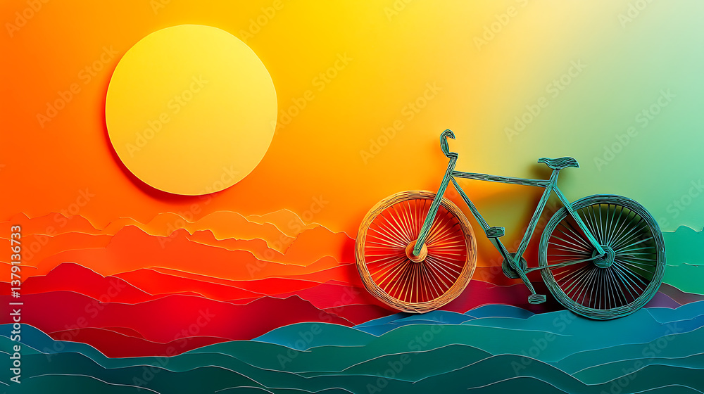 Fototapeta premium Bicycle powered by solar energy, highlight color contrast photography, paper cut craft