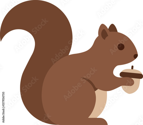 Squirrel holding an acorn in a playful pose, flat vector illustration