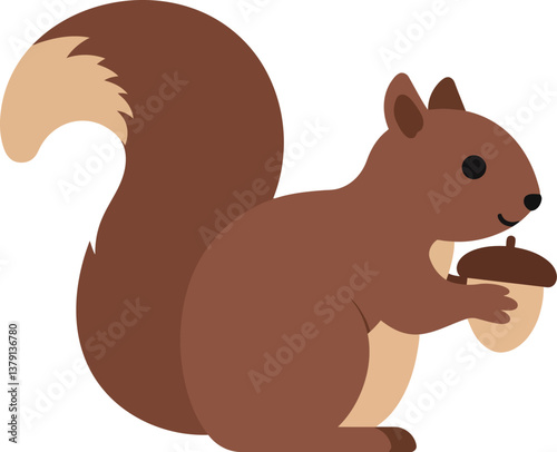 Squirrel holding an acorn in a playful pose, minimal design style, cheerful mood vector illustration