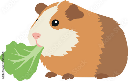 Cute guinea pig enjoying fresh lettuce in a flat, colorful vector illustration