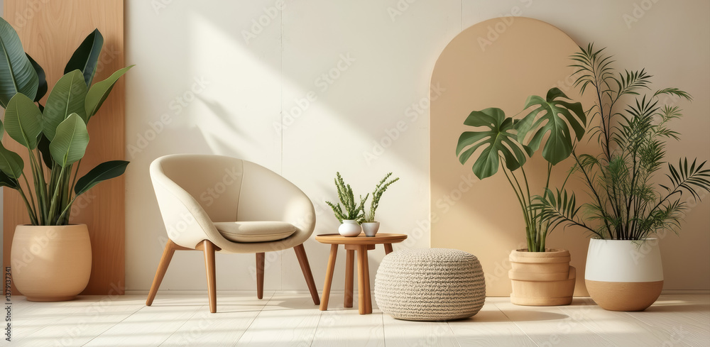 Fototapeta premium cream armchair with wooden side table and woven ottoman in a sunlit living room
