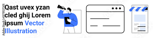 Man looking through a telescope, web browser interface, and mobile storefront app representing exploration, online presence, e-commerce. Ideal for business, technology, marketing, startups planning