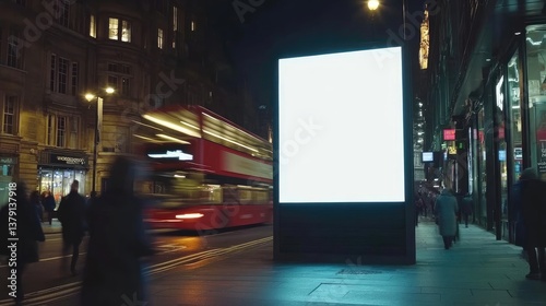 Fototapeta Naklejka Na Ścianę i Meble -  A large blank billboard stands prominently in a busy city street at night.
