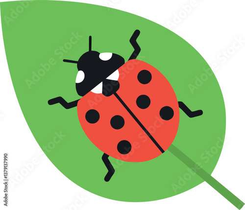 A cheerful ladybug resting on a vibrant green leaf in flat vector art