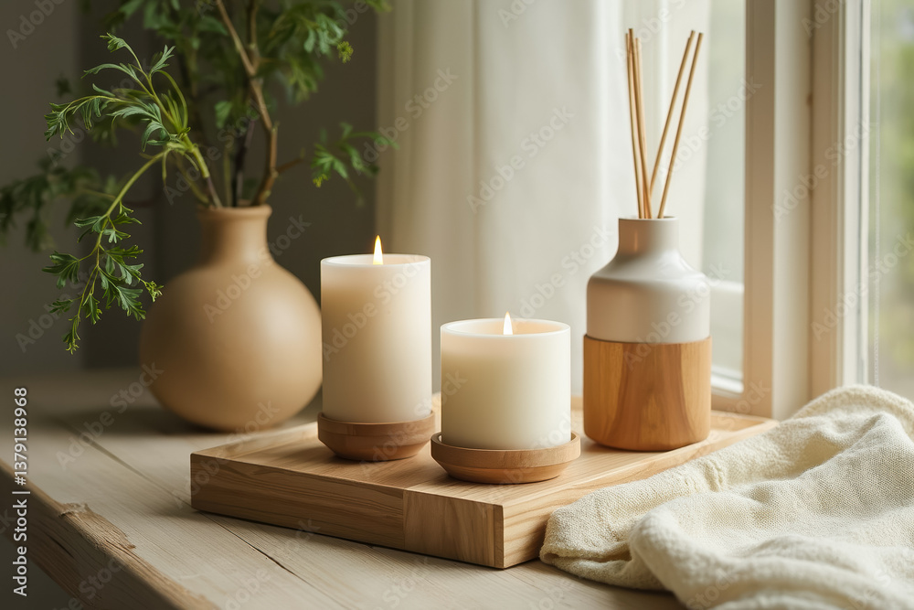 two illuminated candles and reed diffuser on a wooden tray creating a relaxing atmosphere two illuminated candles and reed diffuser on a wooden tray creating a relaxing atmosphere