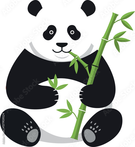 Adorable panda bear sitting and munching on bamboo in a flat vector illustration