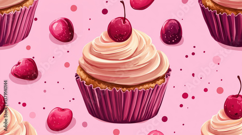 Cupcake with cream and cherry on a pink background.