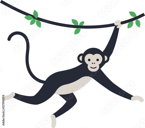 Playful monkey swinging on a branch in a minimal style vector illustration