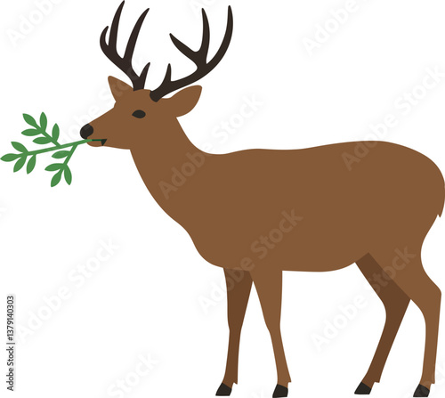 Brown deer with antlers holding a green leaf in its mouth, minimal vector illustration
